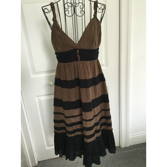 BCBGMaxazria Brown&Black Tank StyleTop Twisted Straps Black Pleated BandsDress 0 - Picture 1 of 8